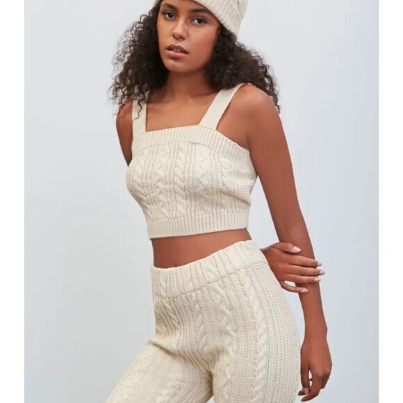 Forever 21 Pantone Crop Top Women S Sand Neutral Cable Knit Sweater Tank Preppy - Picture 2 of 8